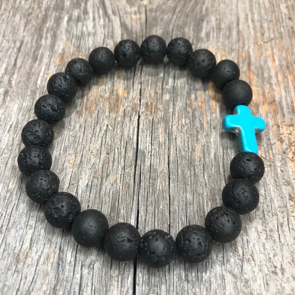 Black Lava Bead Blue Christian Cross Bracelet - Picture 2 of 2